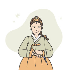 This is the image of a girl wearing hanbok, a traditional Korean costume, neatly putting her hands together. It is a hand-drawn illustration element.