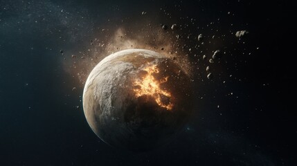 Obraz premium A colossal asteroid collides with Earth, igniting a massive explosion. Fiery debris spirals into space as the landscape undergoes catastrophic transformation in a cosmic display of power