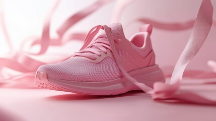 A cute pink sneaker is positioned on a soft,
