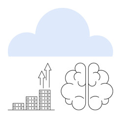 Cloud above a brain and bar chart with arrows signifying innovation, growth, and technology. Ideal for IT, business strategy, analytics, AI, education, startup ideas abstract line flat metaphor
