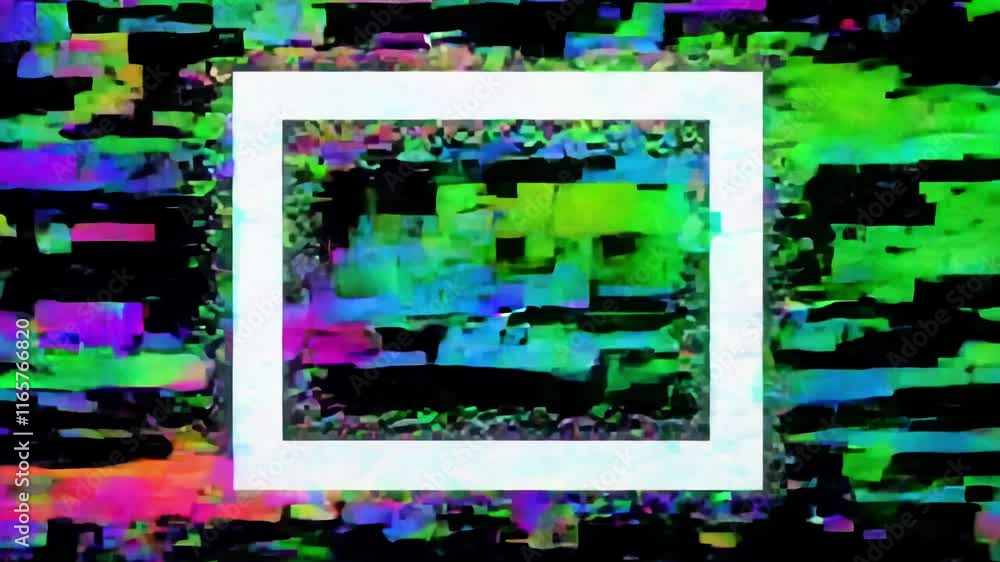 Poster frame fragments and reassembles into glitch art rotation