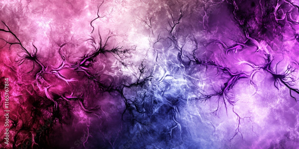 Poster electrified network lines branching across vivid blue and pink background, creating intricate abstra