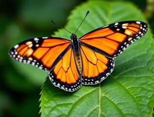 Fototapeta premium Close-up of a Monarch butterfly with vibrant orange and black wings delicately perched on a lush green leaf