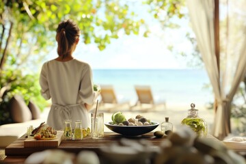 Beautiful beachfront setting with a woman enjoying a serene moment at a tropical resort