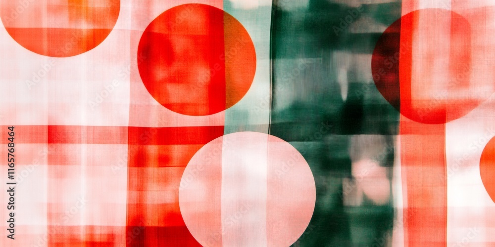 Poster red and green geometric pattern with overlapping circles and squares creating a modern and abstract 