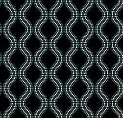 Seamless ogival pattern with green and white wavy dotted lines on a black background. Retro-style ethnic traditional design. Abstract geometric vector illustration.
