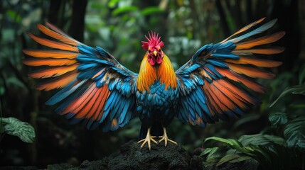 Fototapeta premium Vibrant rooster with outstretched wings in a lush jungle environment.