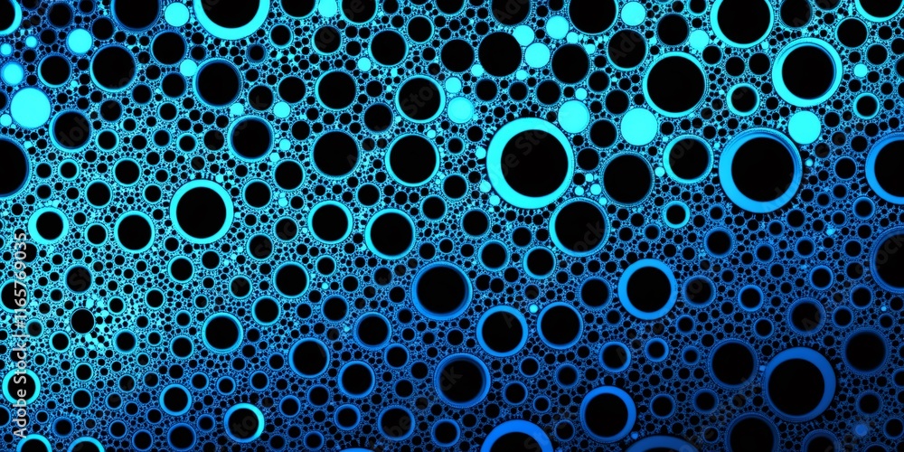 Poster glowing blue bubbles floating, creating luminescent digital pattern with ethereal visual depth