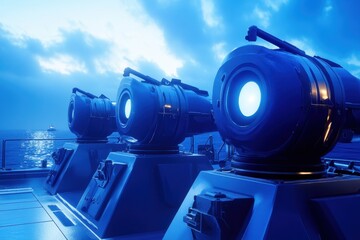 Bright blue searchlights illuminate the ocean under a cloudy sky at dusk on a vessel