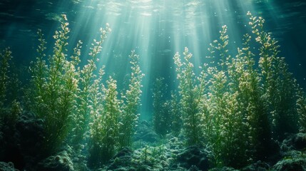 Fototapeta premium Sunbeams illuminate underwater plants and seabed.