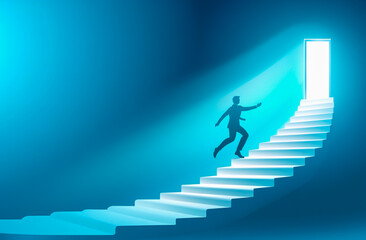 A determined businessman climbing up a white staircase symbolizing success and dreams, with a bright door at the top on a blue background,