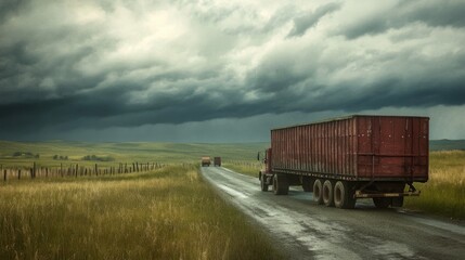 Fototapeta premium Trucks on a Dramatic Countryside Road Under Clouds