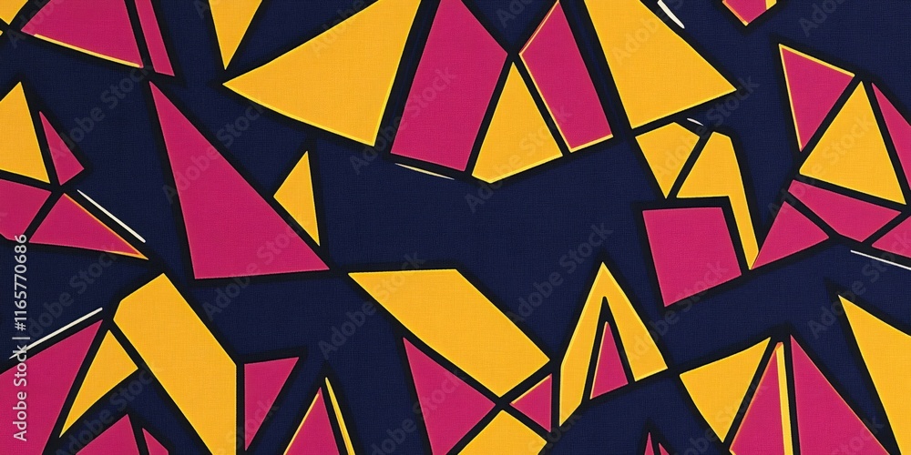 Poster fragmented triangular pattern featuring vibrant pink and yellow geometric shapes layering dynamicall