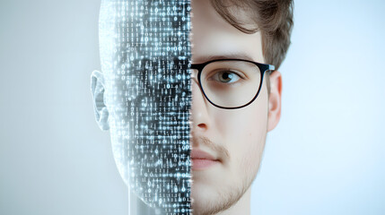 Create two part side image. left side is digital half face with 0 and 1 represent the computer data. right is a half real person that represent in the real life