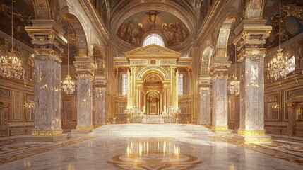 Obraz premium Byzantine Empire Palace Interior: Opulent Mosaics, Grand Throne, Rich Decor, Candlelit Ambiance | Photorealistic Historical Artwork