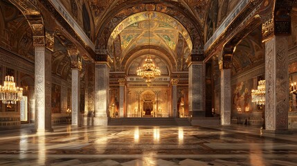Obraz premium Majestic Byzantine Palace Interior with Mosaics and Throne in Candlelight - Photorealistic Artwork