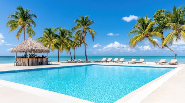 Tropical poolside scene with palm trees and clear blue water.