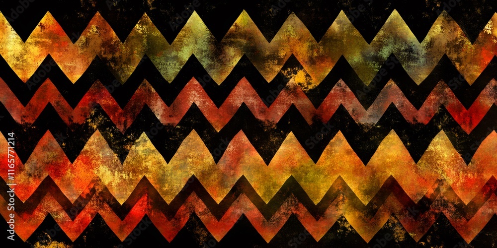 Poster zigzag pattern displaying grunge texture, combining black, red, yellow hues for dynamic background o