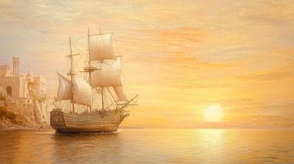 Journey Through the Byzantine Waters: Majestic Ship Sailing at Sunset with Ancient Ruins Along the Coastline