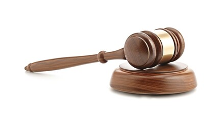 Obraz premium Solemn judge's gavel lying impressively on clean white background. This important tool symbolizes authority and the solemnity in the courtroom, playing a crucial role when making decisions and maintai