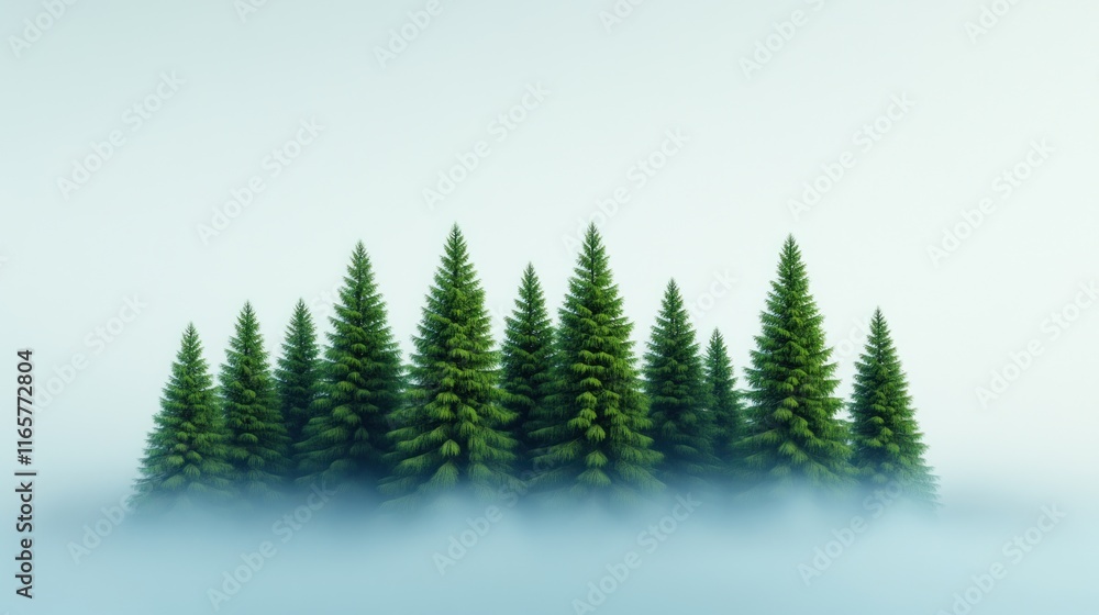 Poster a serene cluster of evergreen trees emerging from soft fog.