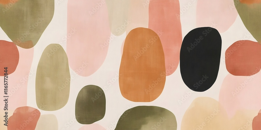 Poster irregular blobs in muted coral, green, orange, and black hues create a modern and artistic abstract 