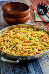 crawfish alfredo pasta served in skillet
