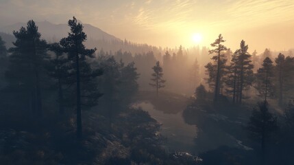 Aerial Sunset Views Over a Misty Forest Landscape