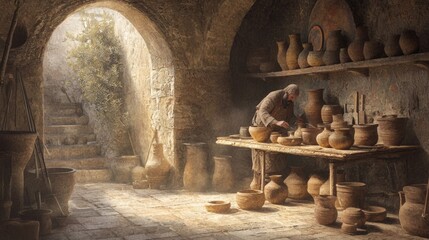 Master Craftsman in the Byzantine Pottery Workshop - Photorealistic Ultra-Detailed Artwork of Clay Shaping and Rustic Atmosphere