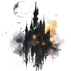 Fototapeta premium Enigmatic Dark Castle Silhouette Against a Watercolor Moonlit Sky.
