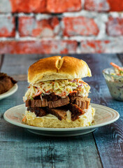 brisket slider topped with coleslaw