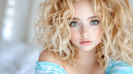 Fototapeta premium Beautiful Girl with Curly Blonde Hair and Green Eyes