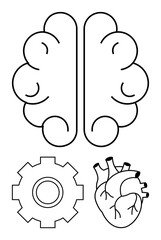 Brain, heart, and gear outlines symbolize thinking, emotion, and creativity. Ideal for mental health, emotional intelligence, teamwork, process design innovation strategies education abstract line