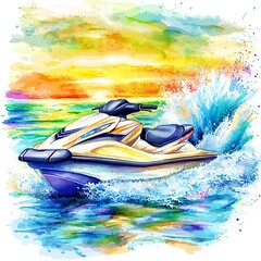 Vibrant Watercolor Illustration of a Jet Ski Speeding Across the Ocean at Sunset.