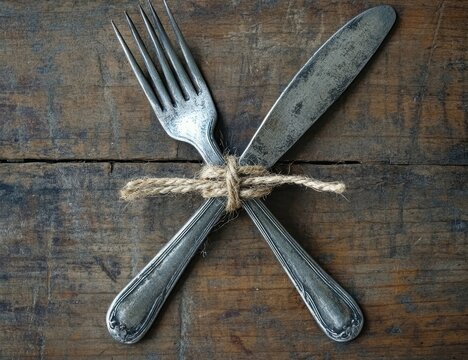 Rustic fork and knife tied with twine on wood.
