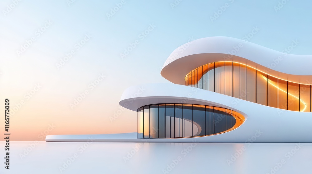Poster modern architectural design with fluid shapes and large windows.