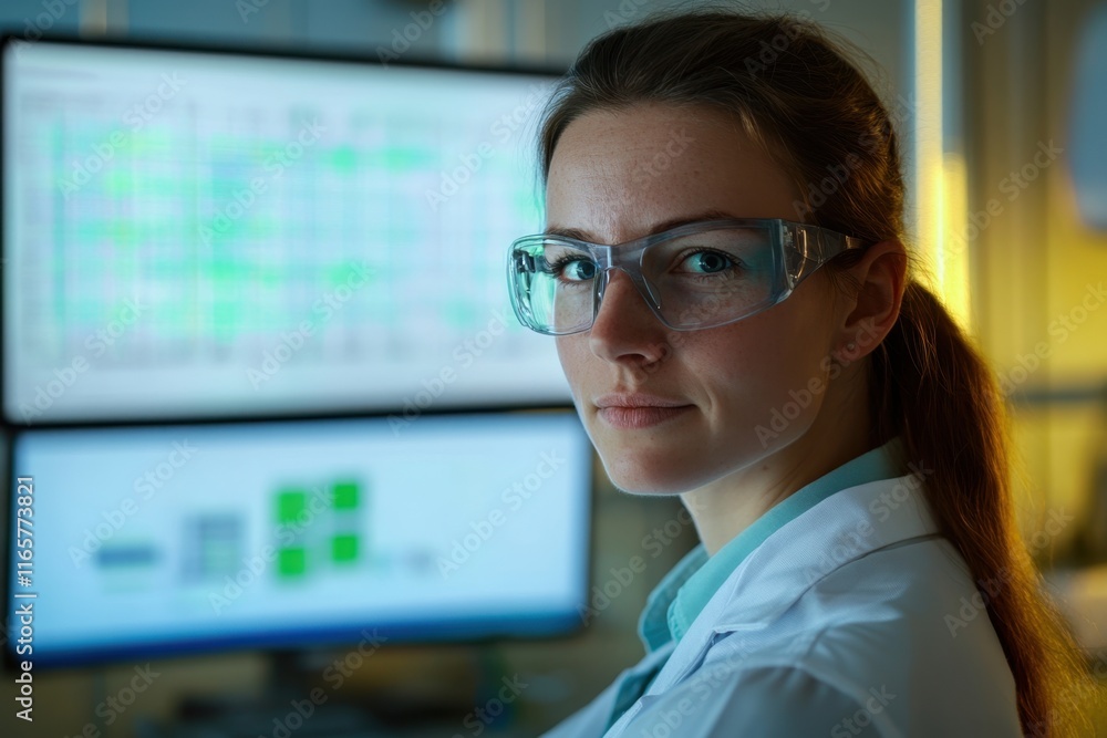 Poster scientist working in laboratory analyzing data on computer screens in a research facility