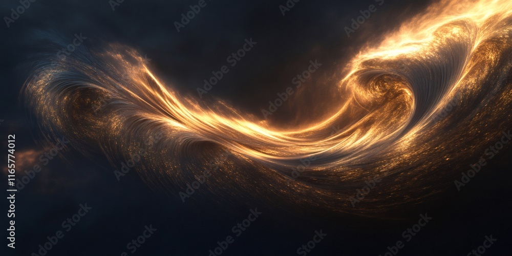 Poster golden energy wave spiraling through darkness, generating dynamic luminescent pattern