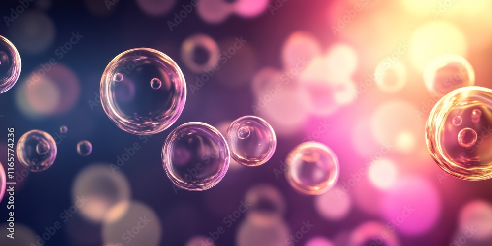 Poster soap bubbles floating and glowing on a colorful background, creating a beautiful and abstract image