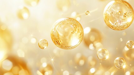 Collagen bubbles filled with a clear liquid. Golden spheres and molecules floating around. Liquid collagen or essence bubbles used as a cosmetic skincare product. Golden abstract spheres