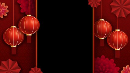 chinese frame background with red lantern, golden clouds flower and traditional fan, transparent space suitable for editing - Powered by Adobe