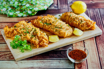 crispy fried fish fillets served on a cutting board with fresh lemon and parsley