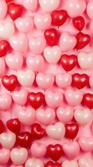 Close-up of heart-shaped balloons in red and pink tones densely filling frame on soft pink backdrop for festive decoration. Concept of love and romantic, Valentines day.