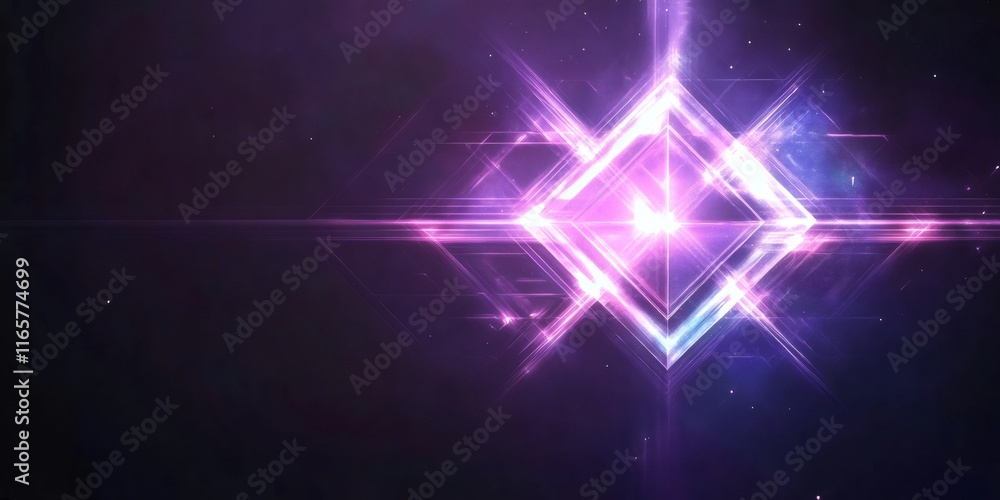 Poster geometric pattern with sharp edges emitting bright neon purple and white light in a dark space with 