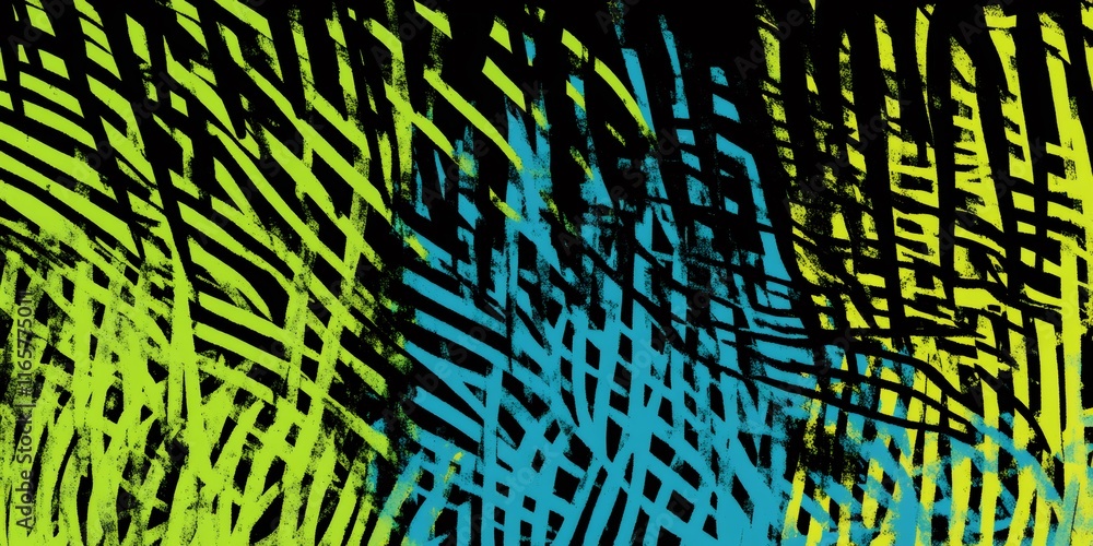 Poster intersecting neon green and blue lines forming dynamic geometric pattern, representing digital techn
