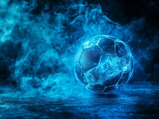 Fiery blue soccer ball engulfed in smoke on dark background.