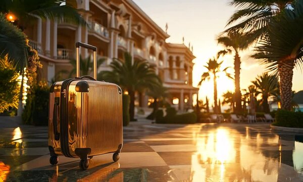 gleaming brass luggage caddy standing proudly in front of opulent luxury resort hotel, exuding an air of elegance and sophistication in warm glow of a summer sunset, a wide-angle view