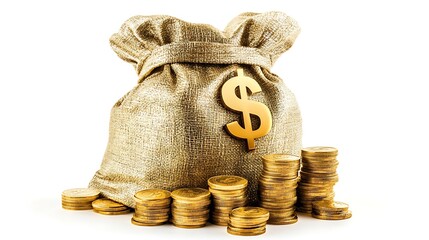 A money bag and stacks of gold coins symbolize business or finance.