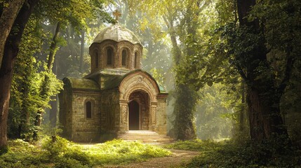 Fototapeta premium Tranquil Byzantine Chapel in Forest Setting - Photorealistic Ultra-Detailed Artwork for Serene Reflection and Prayer