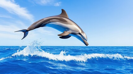 Fototapeta premium A dolphin leaps above vibrant ocean waves under a clear blue sky.